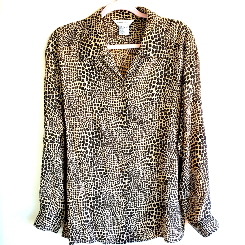 FYC Zebra Animal Print 100% Silk Blouse Fabric Covered Buttons Long Sleeves Sz L